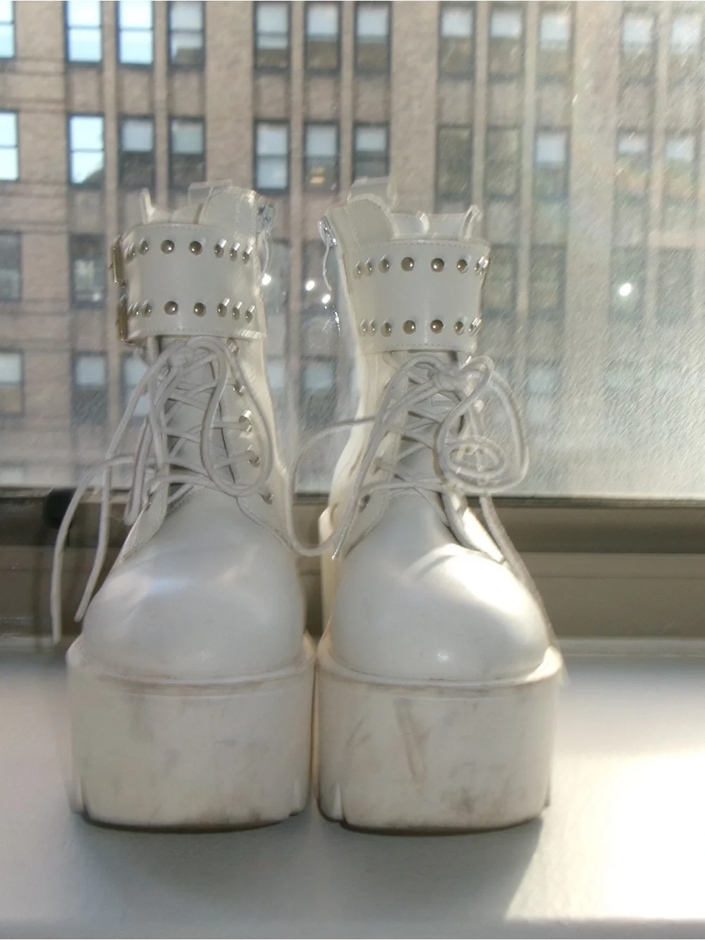 White Platform Lace-Up Ankle Boots with Buckle Detail